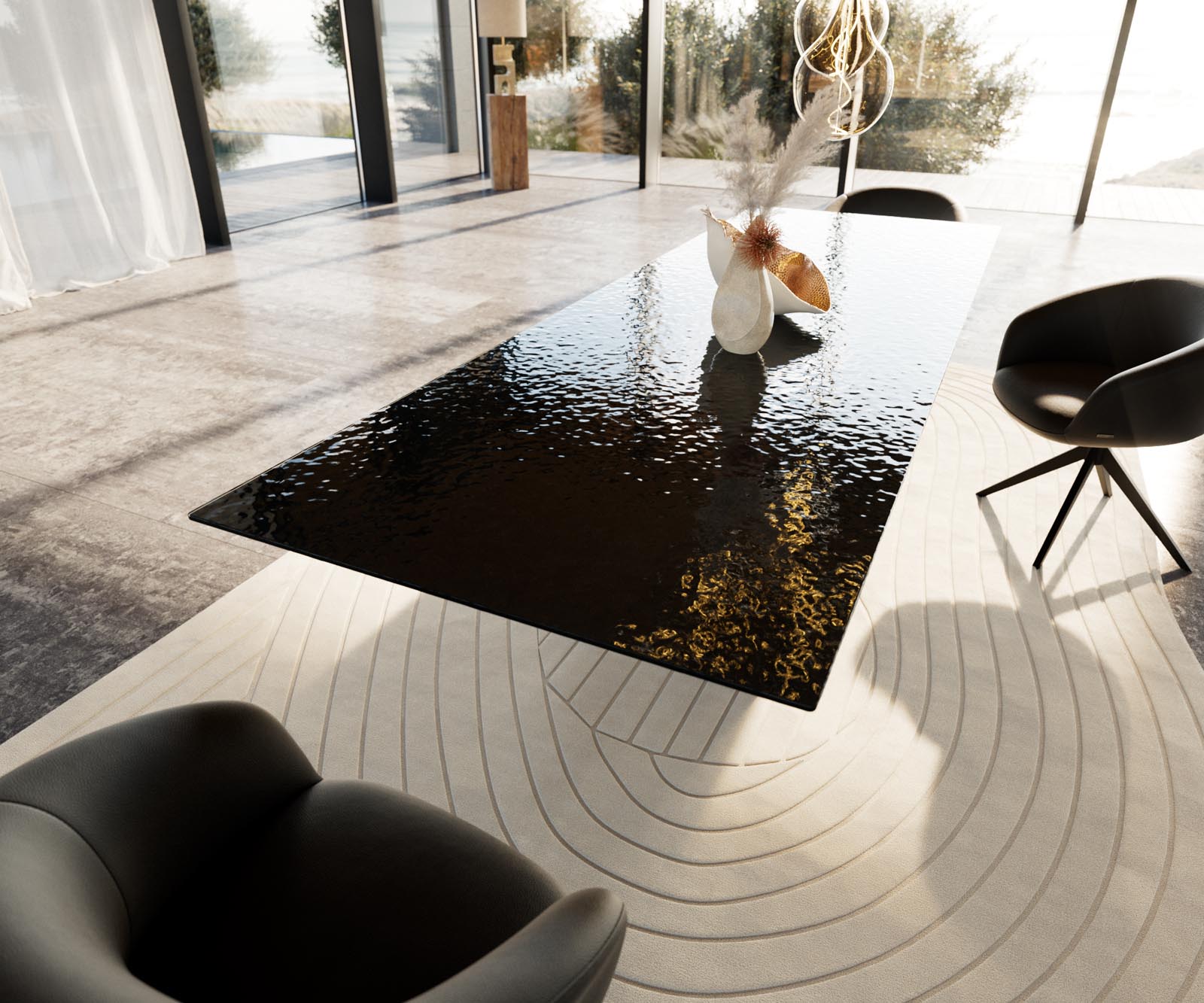 Esstisch Edge 300x100 Reliefglas Rauchschwarz 3D-Design Infinity Metall Schwarz 5