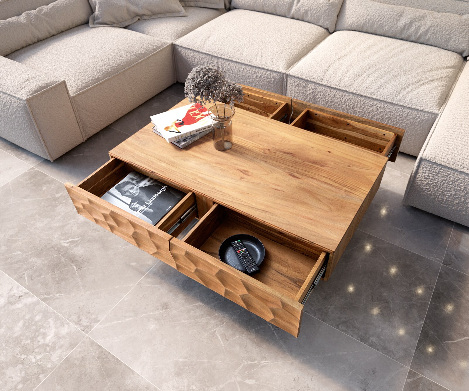 Couchtisch Solu 120x70 cm Akazie Natur 4 Schübe Fuß schwebend Metall Schwarz 3D-Front 3