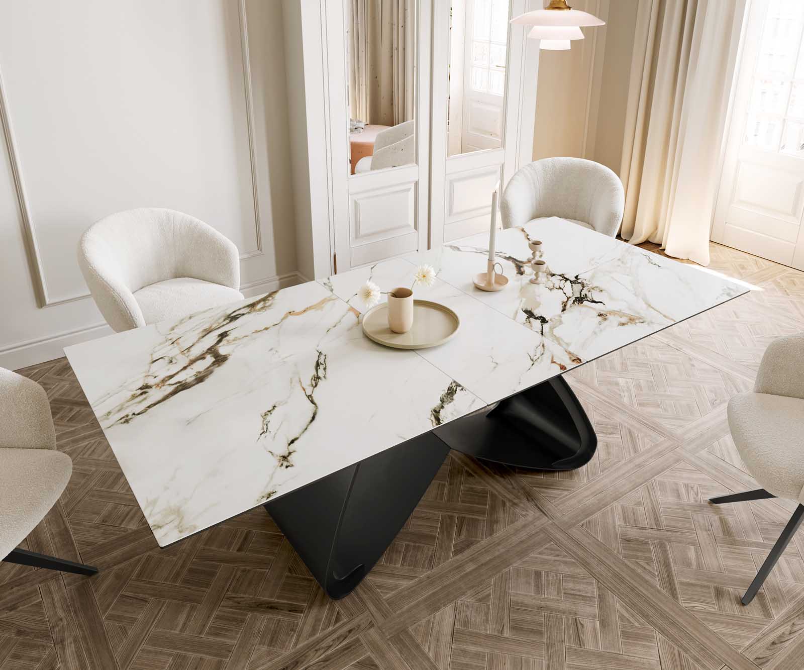 Esstisch Edge 180-220x100 Keramik Calacatta Luxe Weiß-Gold-Grau W-Gestell Schwarz ausziehbar 5 Esstisch Edge 180-220x100 Keramik Calacatta Luxe Weiß-Gold-Grau W-Gestell Schwarz ausziehbar 5