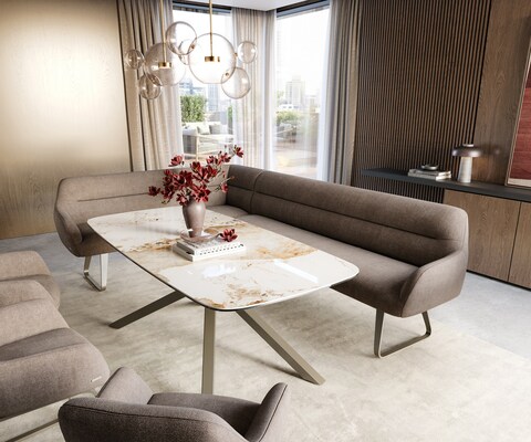 Banc-de-salle-à-manger Taya-Flex 285x190 cm tissu structuré doux taupe châssis à patins plat titane ressort ensaché liens