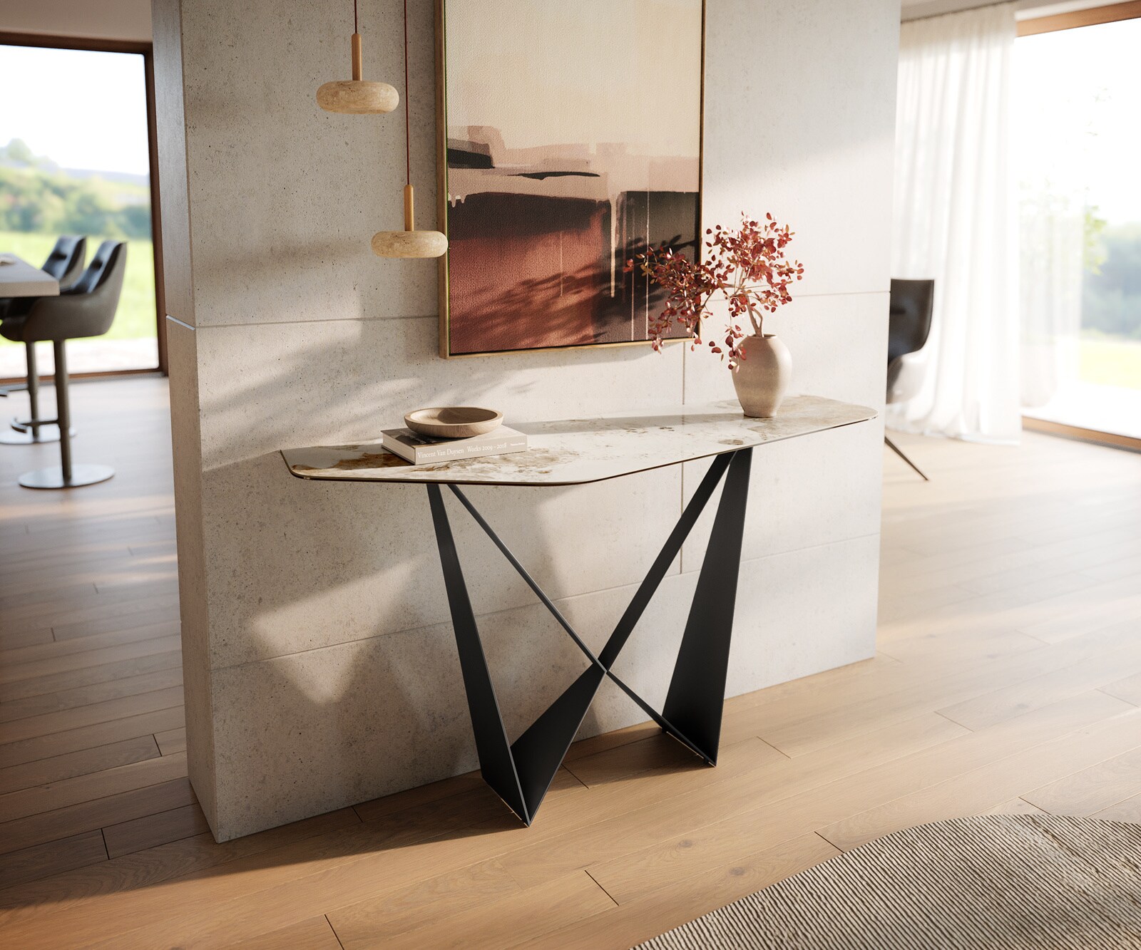Konsolentisch Edge Polygonal 140x50 cm Keramik Minas Melange Weiß-Beige Spios Metall Schwarz 1