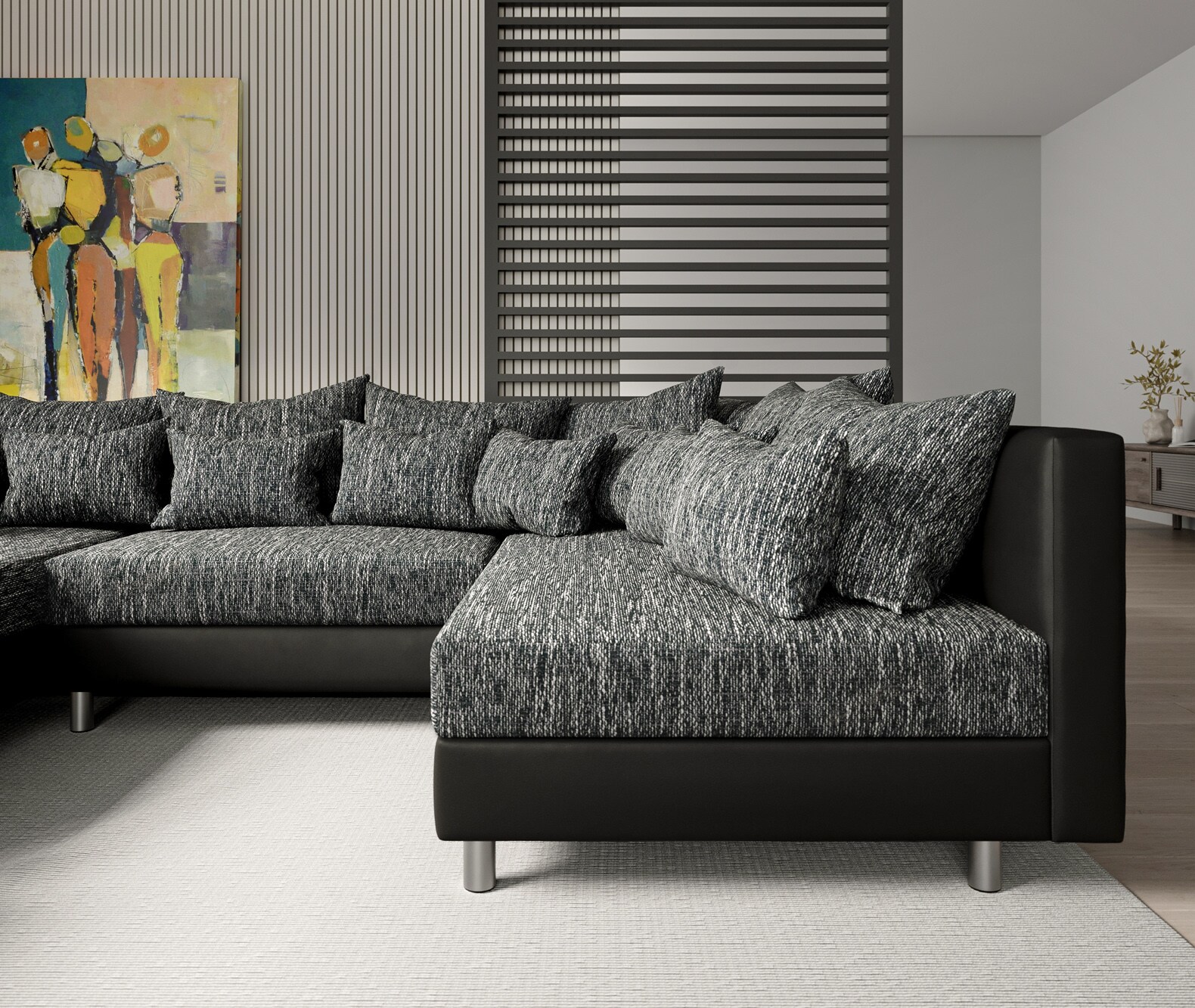 Wohnlandschaft Clovis Schwarz Modulsofa mit Hocker 5