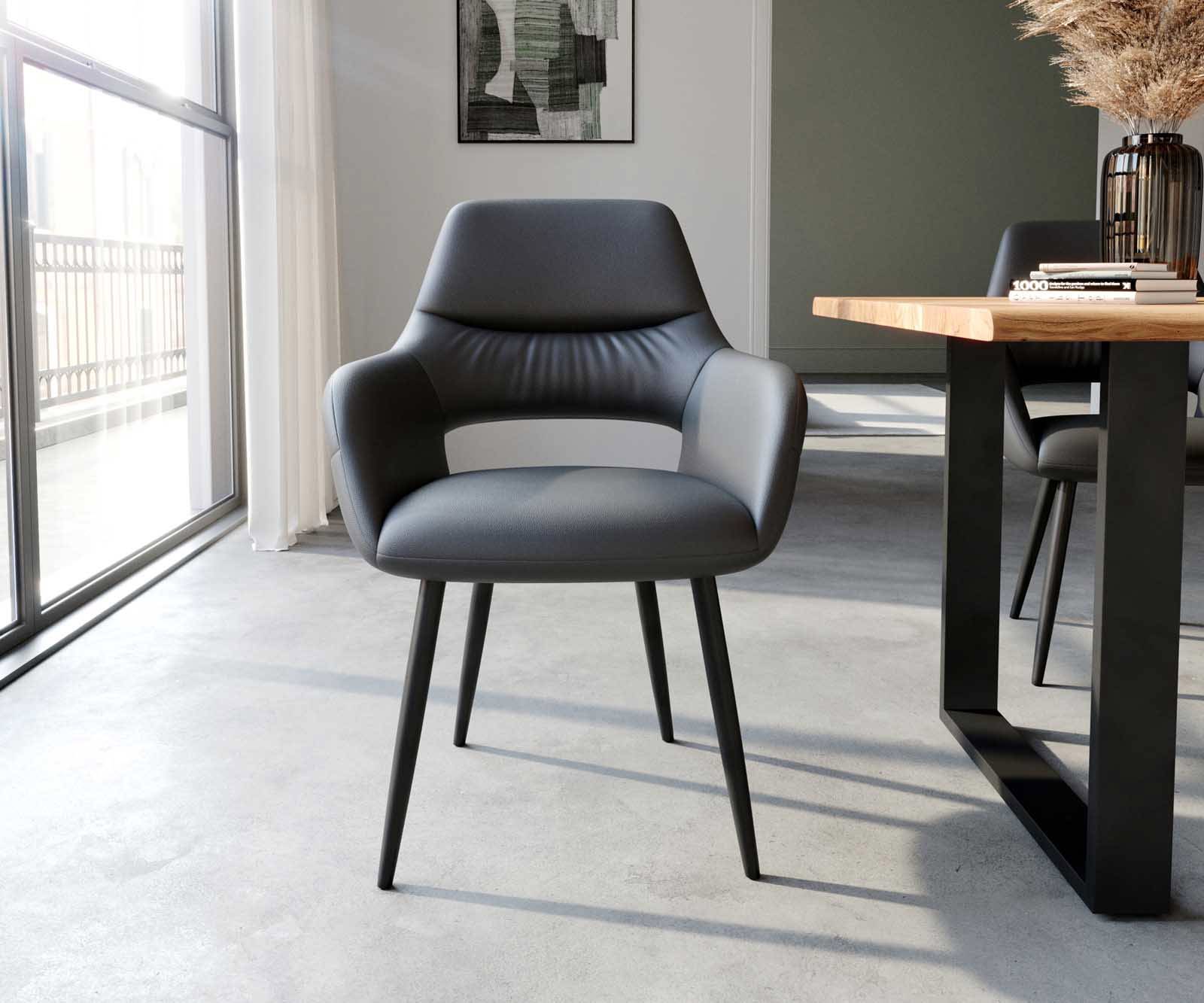 Chaise-de-salle-à-manger Yago-Flex avec accoudoirs cuir de vache noir 4 pieds coniques noir ressorts ensachés 1