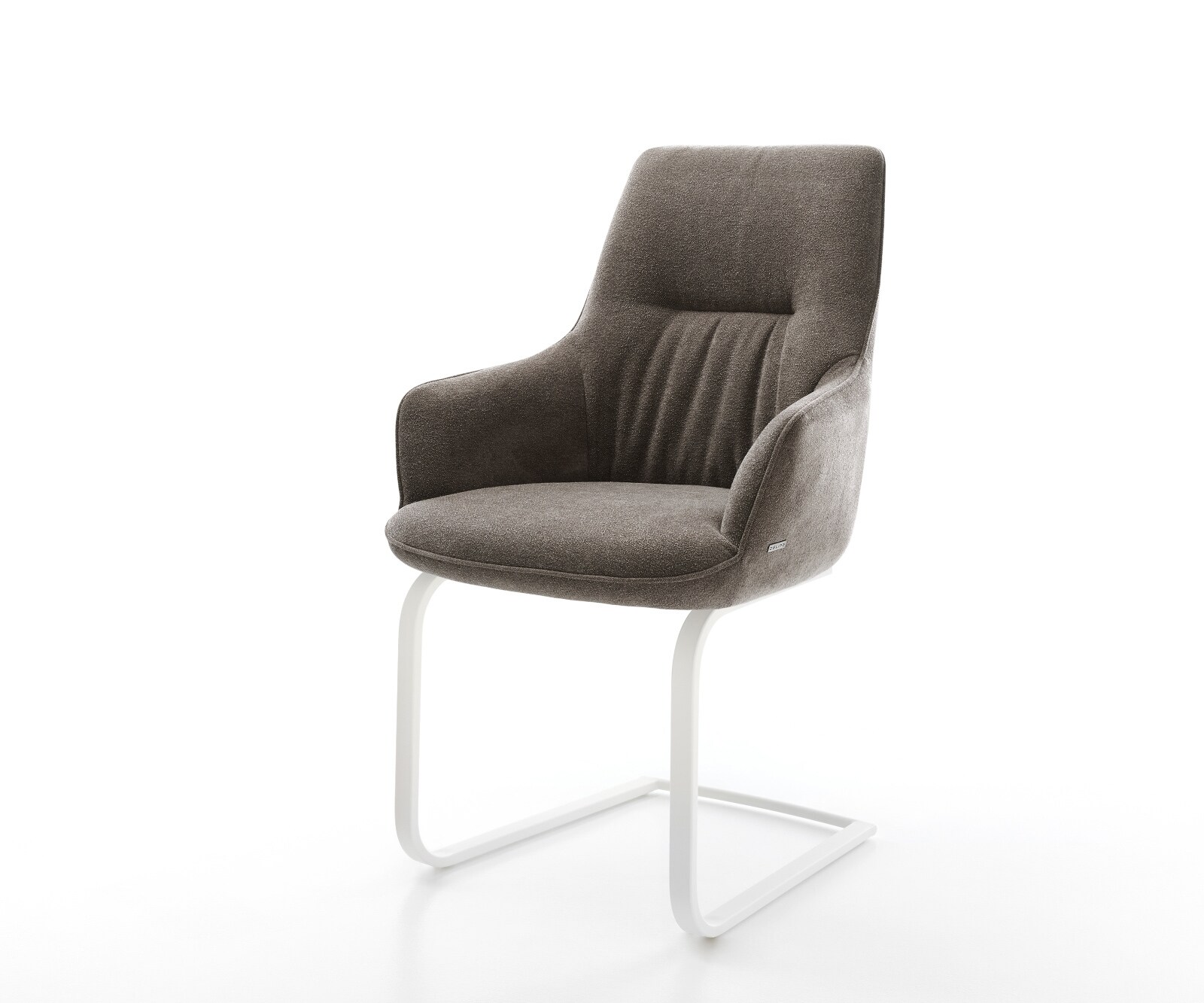 Cantilever Zelia-Flex avec accoudoirs tissu structuré doux taupe pied cantilever plat blanc ressorts ensachés 1