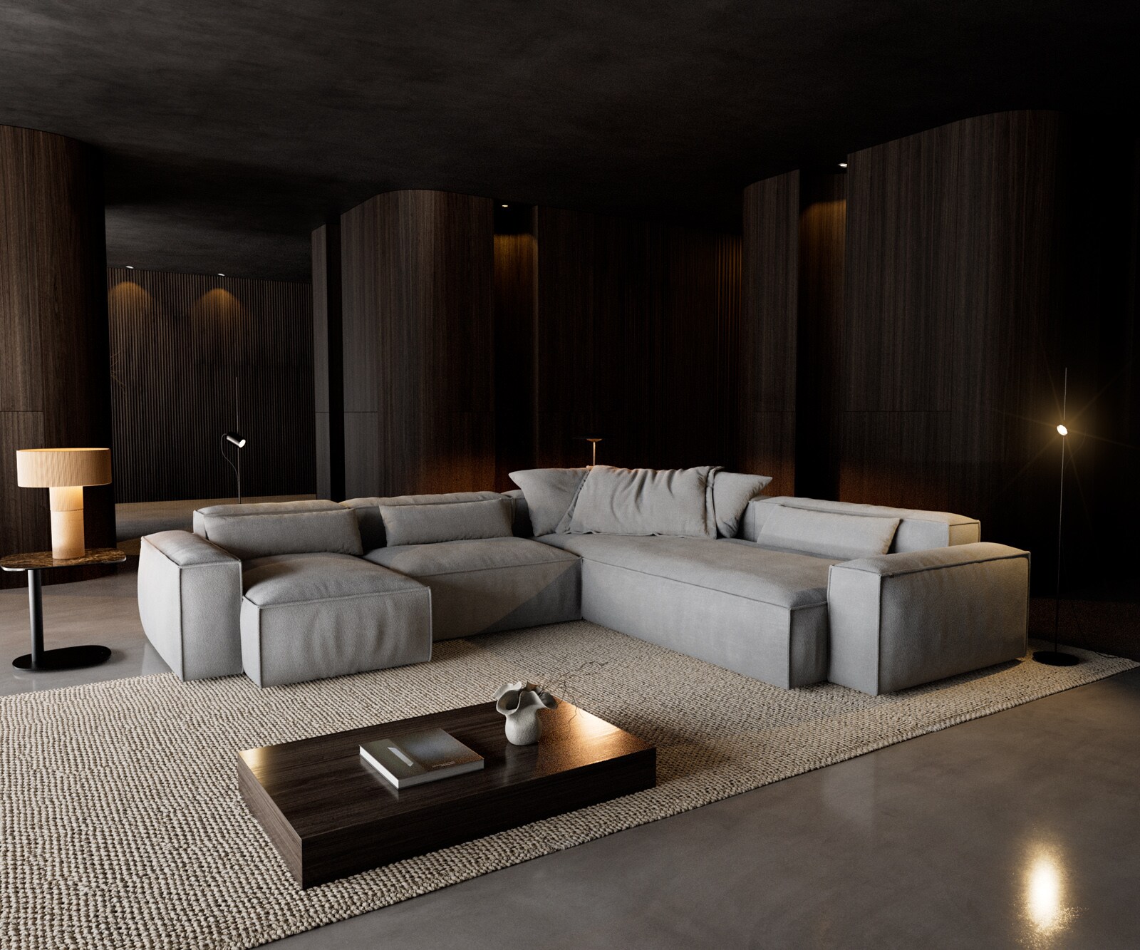 Canapé panoramique Freestyle 360x290 cm Tissu structuré doux Gris couture passepoilée