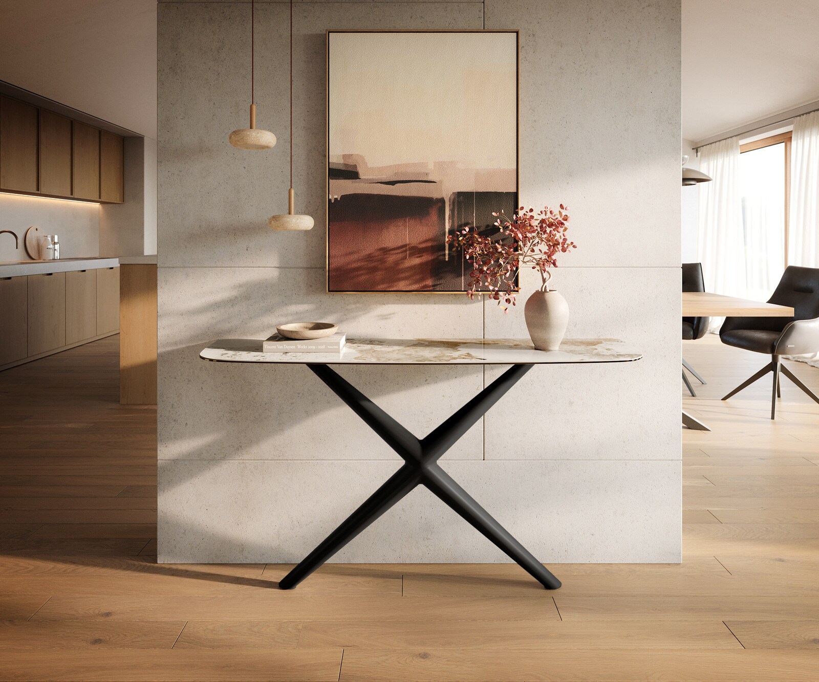 Console Edge forme bateau 140x40 cm Céramique Minas Melange Weiß-Beige Estelo Métal Noir 4