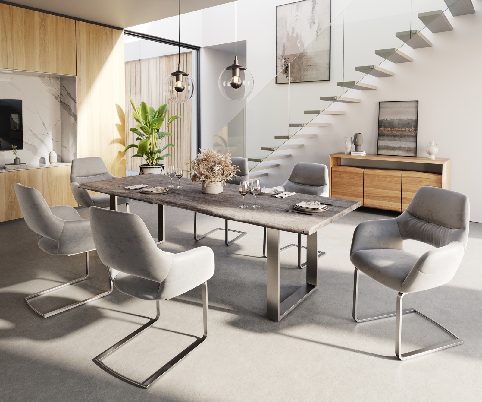 Freischwinger Yago-Flex mit Armlehnen Samt Grau Freischwinger flach Edelstahl Taschenfederkern 4 Freischwinger Yago-Flex mit Armlehnen Samt Grau Freischwinger flach Edelstahl Taschenfederkern 4