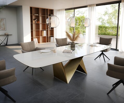 Table à manger Edge Boot 300x120 cm Céramique Onyx Champagne Origami Métalic Or