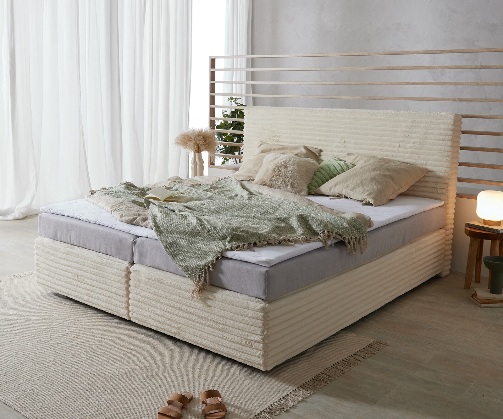 Lit Boxspring Dream-Well Velours Côtelé Beige 180x200 cm Matelas Bonell Topper en Mousse PU