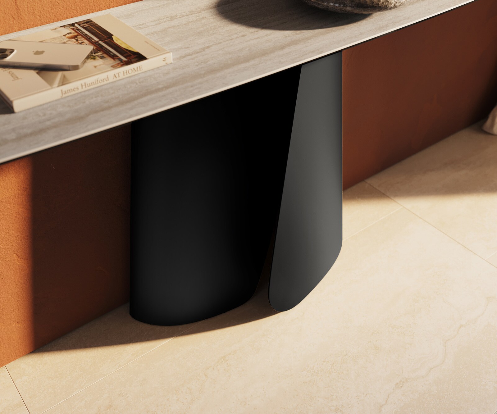 Console Edge forme bateau 180x40 cm Céramique Laminam® Travertino Bianco Creme-Weiß Livos Métal Noir 5