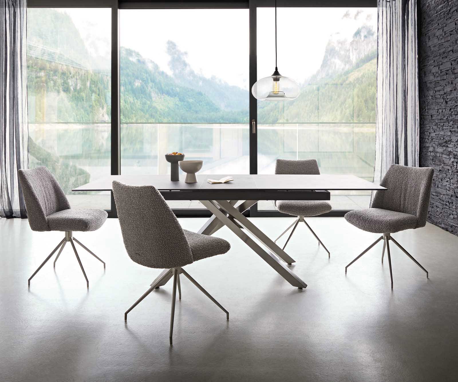 Drehstuhl Elso-Flex Bouclé Silbergrau Kreuzgestell konisch Edelstahl 180° drehbar Taschenfederkern 5 Drehstuhl Elso-Flex Bouclé Silbergrau Kreuzgestell konisch Edelstahl 180° drehbar Taschenfederkern 5