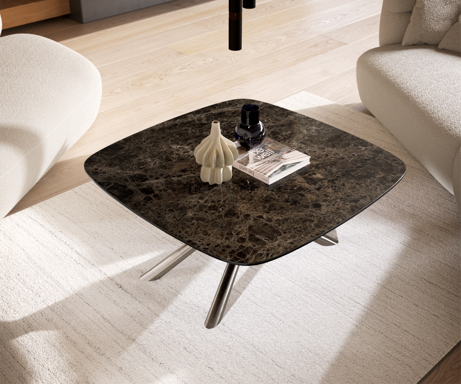 Table basse Edge bateau 90x90 cm céramique Emperador Extra Lucidato brun foncé Sarity acier inoxydable brossé 4