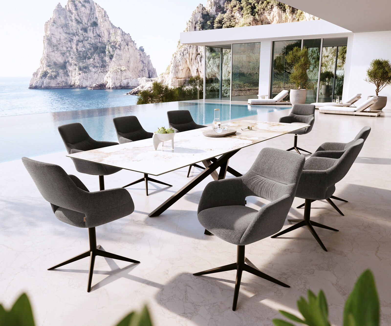 Chaise-d'extérieur Yago-Flex avec accoudoirs tissu texturé graphite pied de chaise 4 branches noir pivotement sur 360° fonction bascule 3