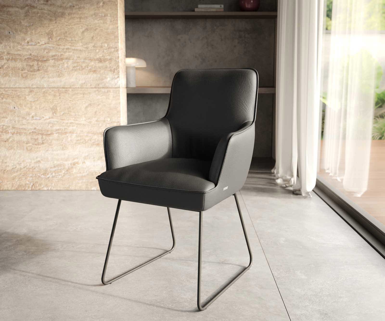 Esszimmerstuhl Heira-Flex mit Armlehnen Echt-Leder Schwarz Kufengestell Schwarz Taschenfederkern Esszimmerstuhl Heira-Flex mit Armlehnen Echt-Leder Schwarz Kufengestell Schwarz Taschenfederkern