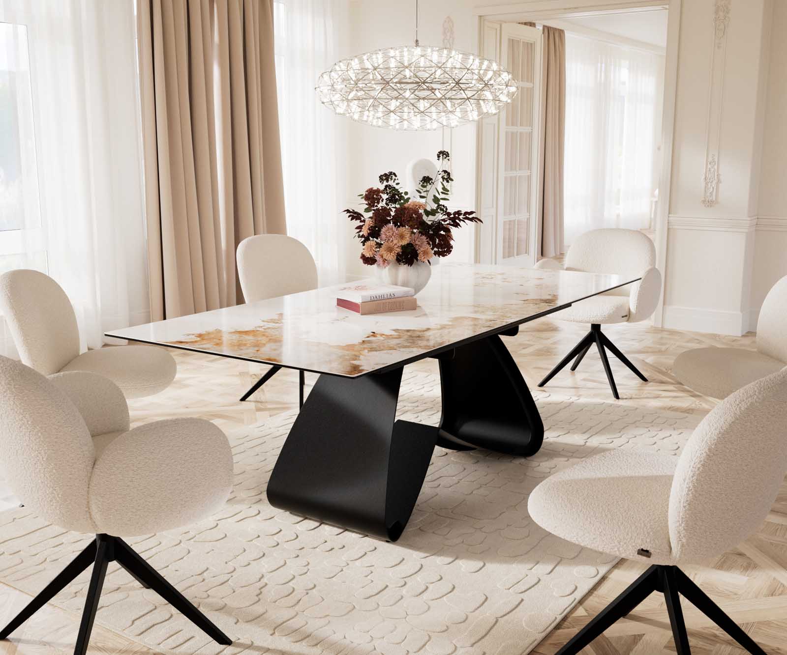Esstisch Edge 180-220x100 Keramik Minas Melange Weiß-Beige W-Gestell Schwarz ausziehbar 9