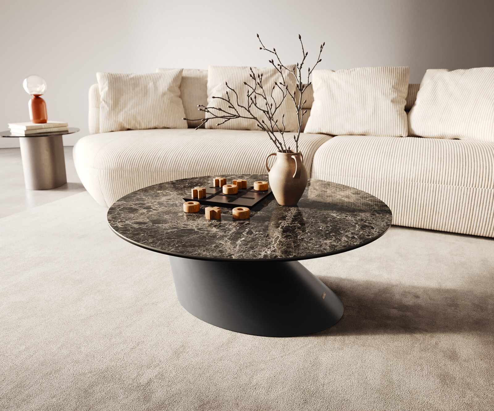 Couchtisch Edge Rund 90x90 cm Keramik Emperador Extra Lucidato Dunkelbraun Conis Metall Schwarz 1
