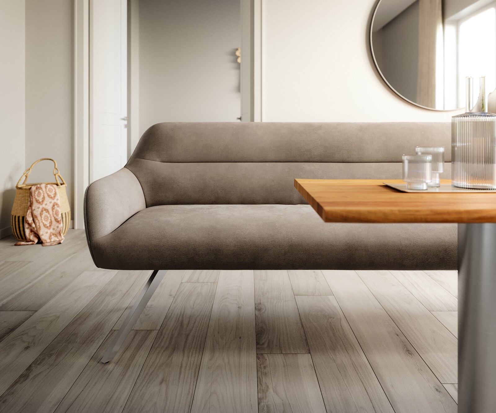 Banc-de-salle-à-manger Taya-Flex 300 cm microfibre taupe vintage pied croisé angulaire acier inoxydable ressort ensaché 1