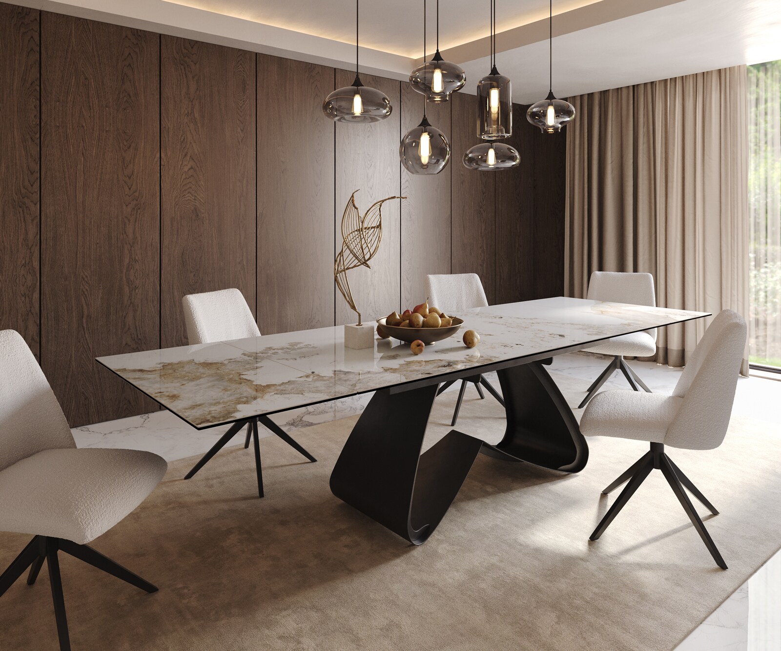 Esstisch Edge 200-300x100 Keramik Minas Melange Weiß-Beige W-Gestell Schwarz ausziehbar 1