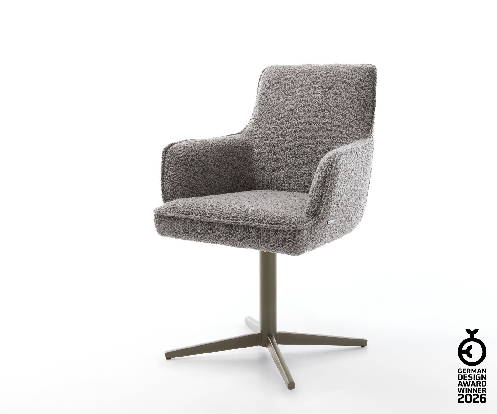 Chaise-pivotante Heira-Flex avec accoudoirs bouclé gris argenté pied de chaise 4 branches aspect titane pivotement sur 360° ressorts ensachés