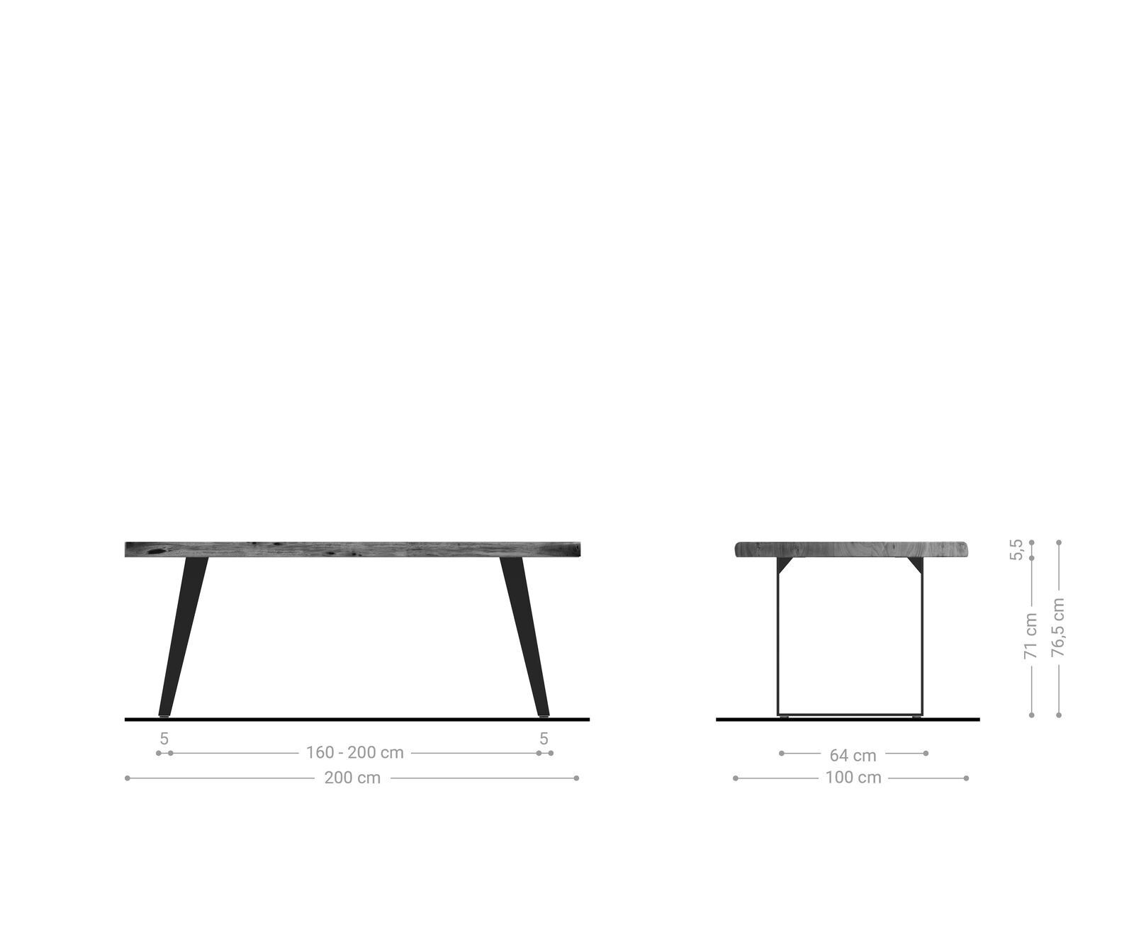 Esstisch Edge 200x100 XL Akazie Braun Edelstahl Schräg Live-Edge 5