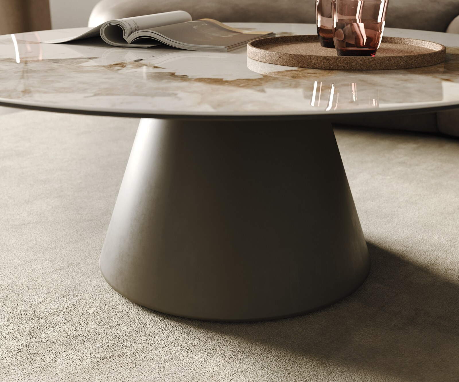 Table-basse Borna 100x100 cm Céramique Minas Melange Blanc-Beige Piétement Conique Finition Effet Titane 5