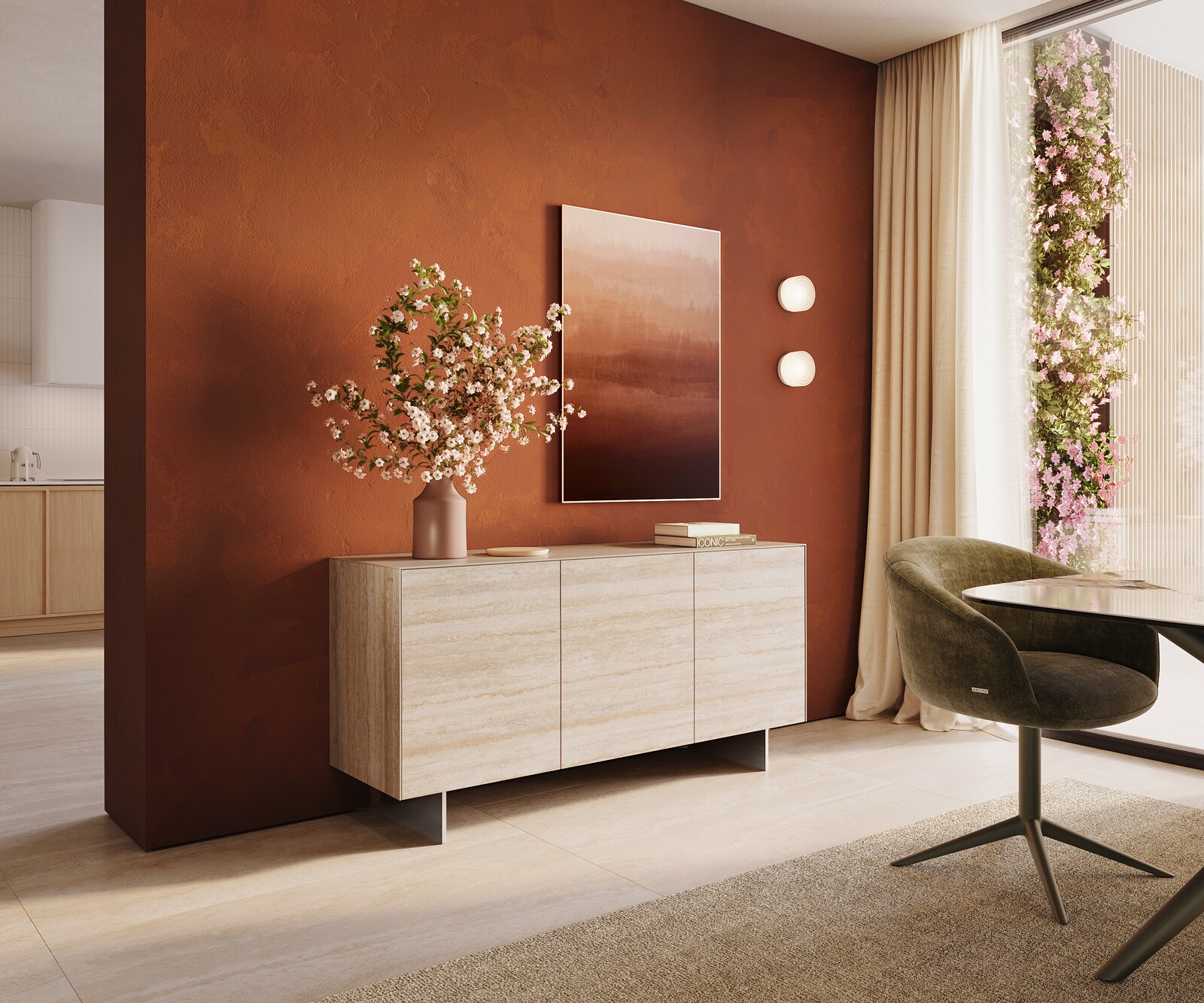 Buffet Cuor 150 cm Céramique Laminam® Travertino Bianco Crème-blanc 3 Portes Pied optique flottant Ancier inoxydable 1