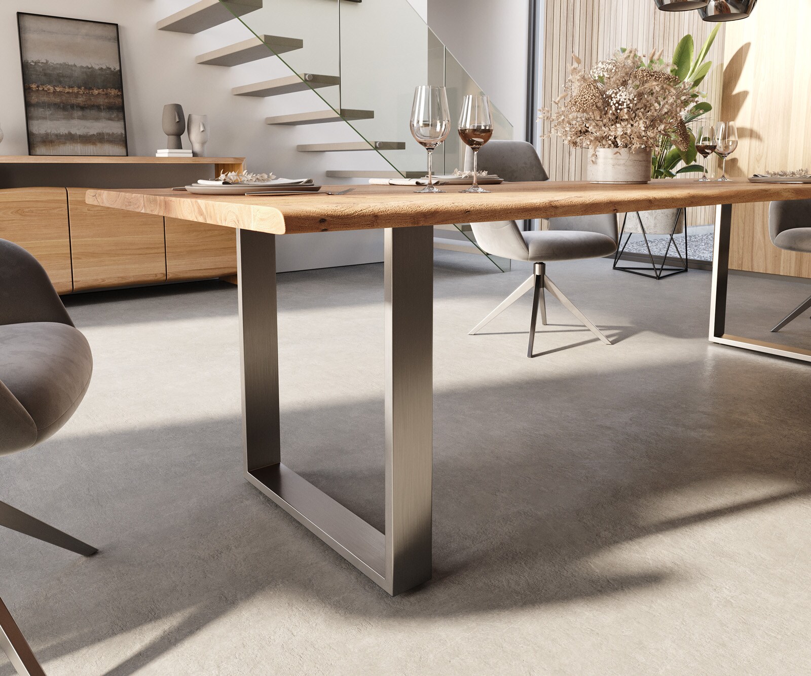 Esstisch Edge 300x100 Akazie Natur Edelstahl Schmal Live-Edge 6