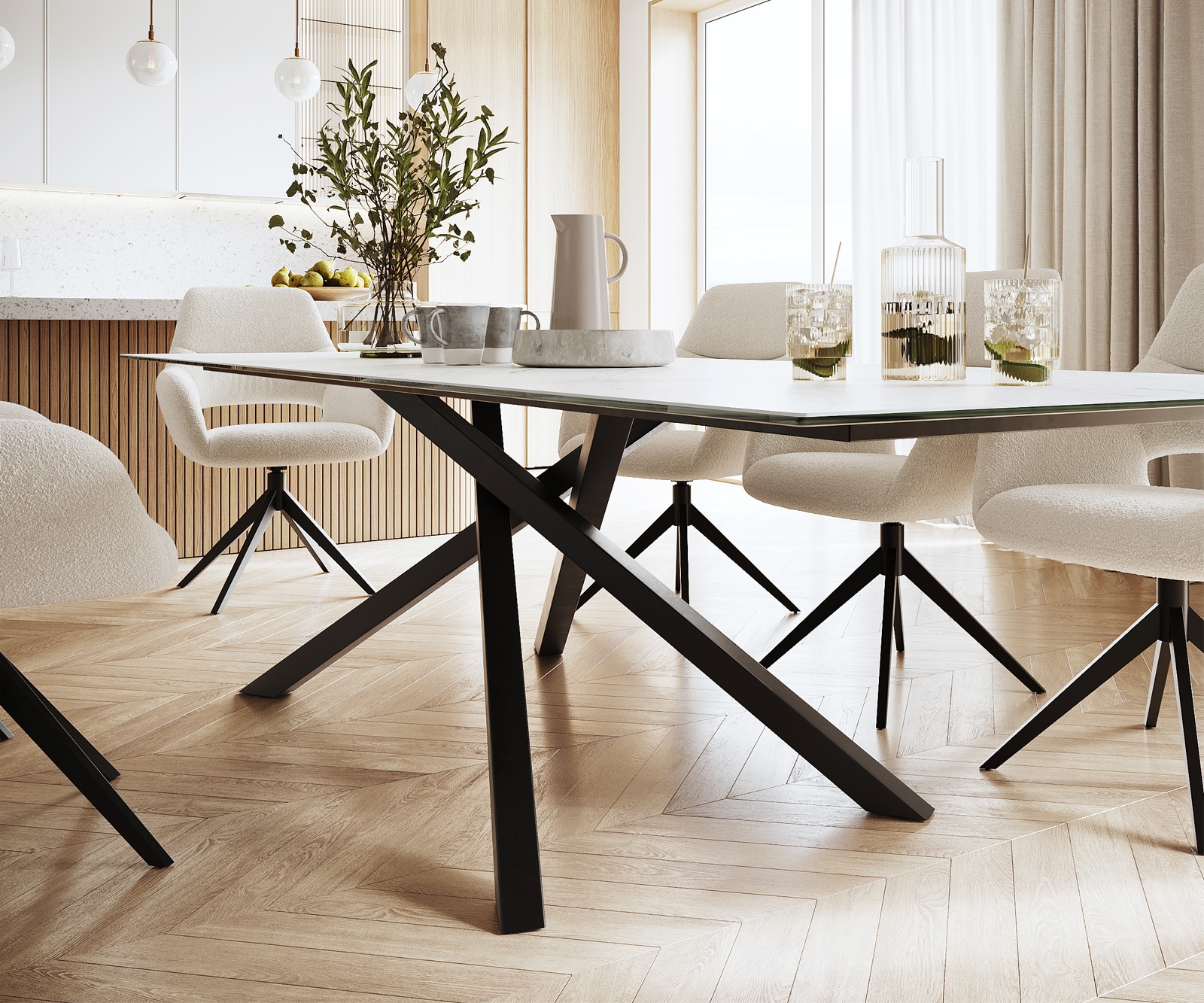 Esstisch Edge 300x100cmKeramik Laminam®Statuarietto Weiß Mittelfuß Kreuz Schwarz 4 Esstisch Edge 300x100cmKeramik Laminam®Statuarietto Weiß Mittelfuß Kreuz Schwarz 4