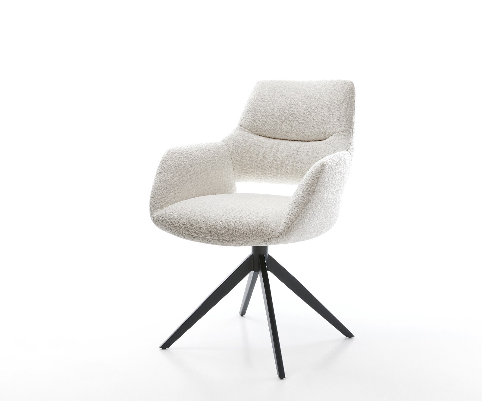 Chaise-pivotante Yago-Flex avec accoudoirs bouclé crème-blanc pied croisé large noir pivotement sur 360° fonction bascule ressorts ensachés