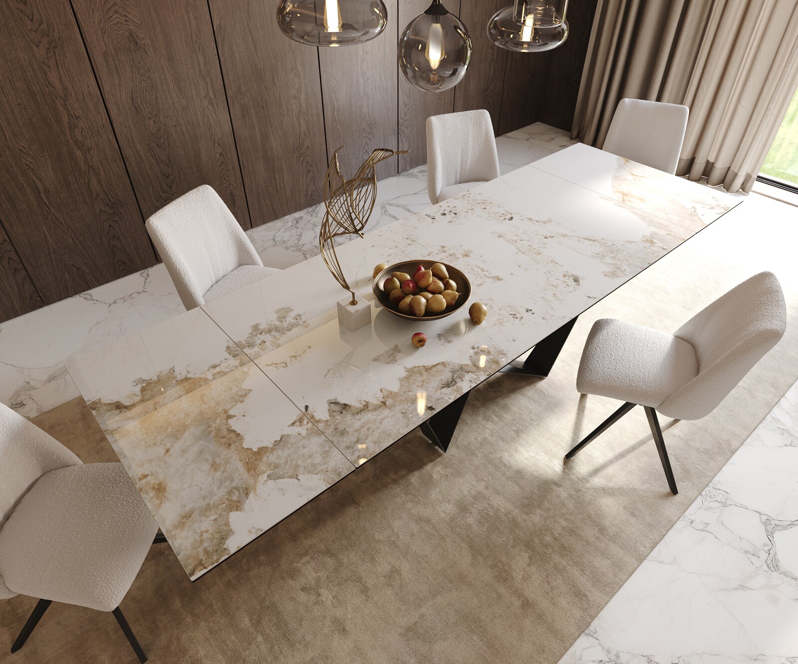 Table à manger Edge 200-300x100 céramique Minas mélange blanc-beige Spider acier plat noir extensible 6