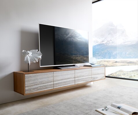 Meuble-TV Kleo 200 cm acacia naturel 4 portes flottantes