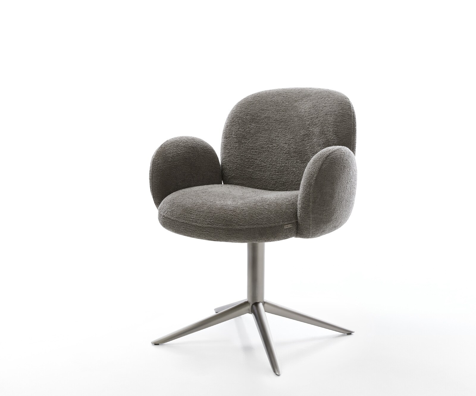 Chaise-pivotante Nube-Flex avec accoudoirs bouclé doux couleur boue pied de chaise 4 branches grafiete pivotement sur 360° fonction bascule resorts ensachés