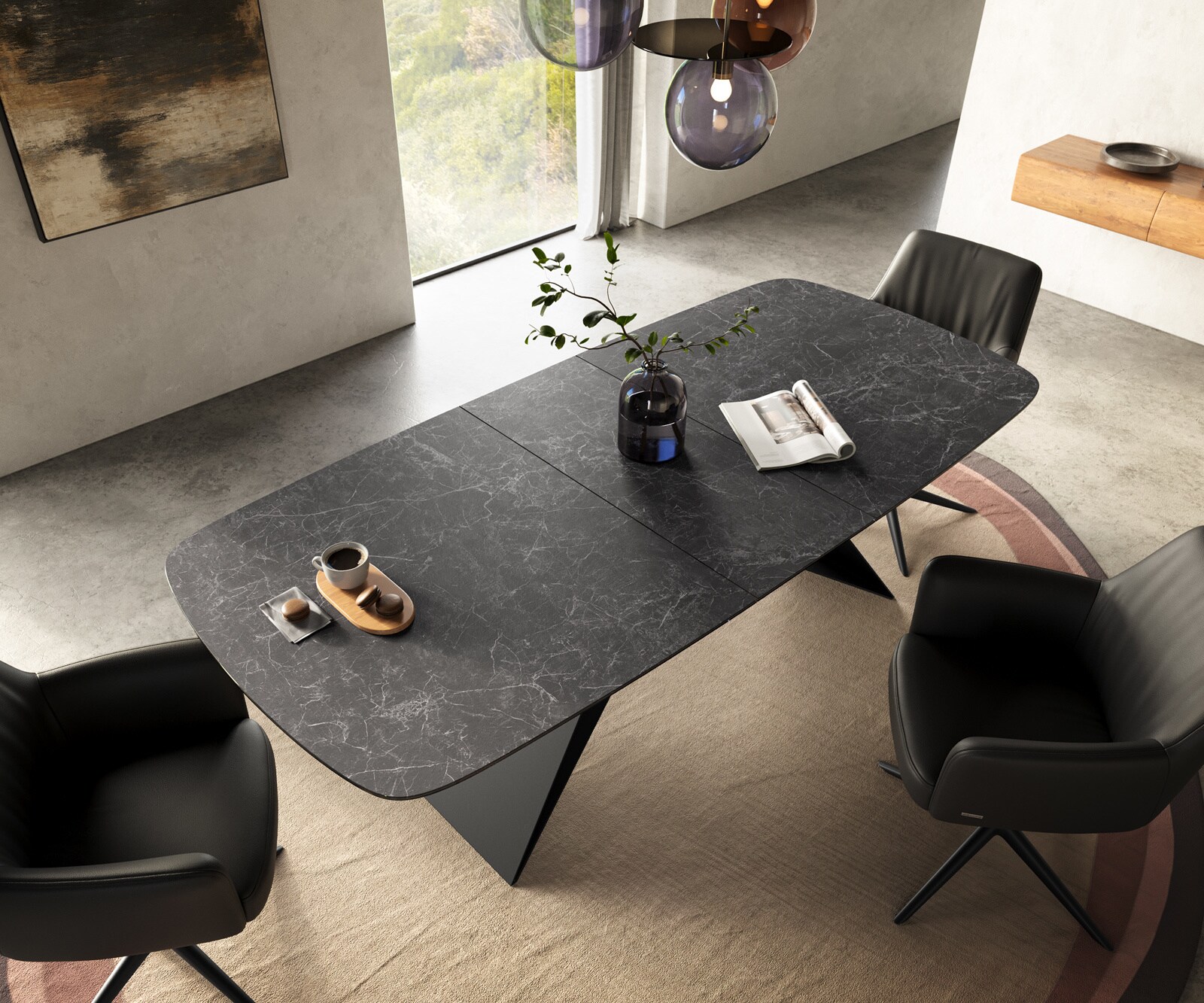 Esstisch Edge Boot 180-220x100 cm Keramik Laminam® Nero Greco Anthrazit V-Gestell Flachstahl Schwarz ausziehbar 3