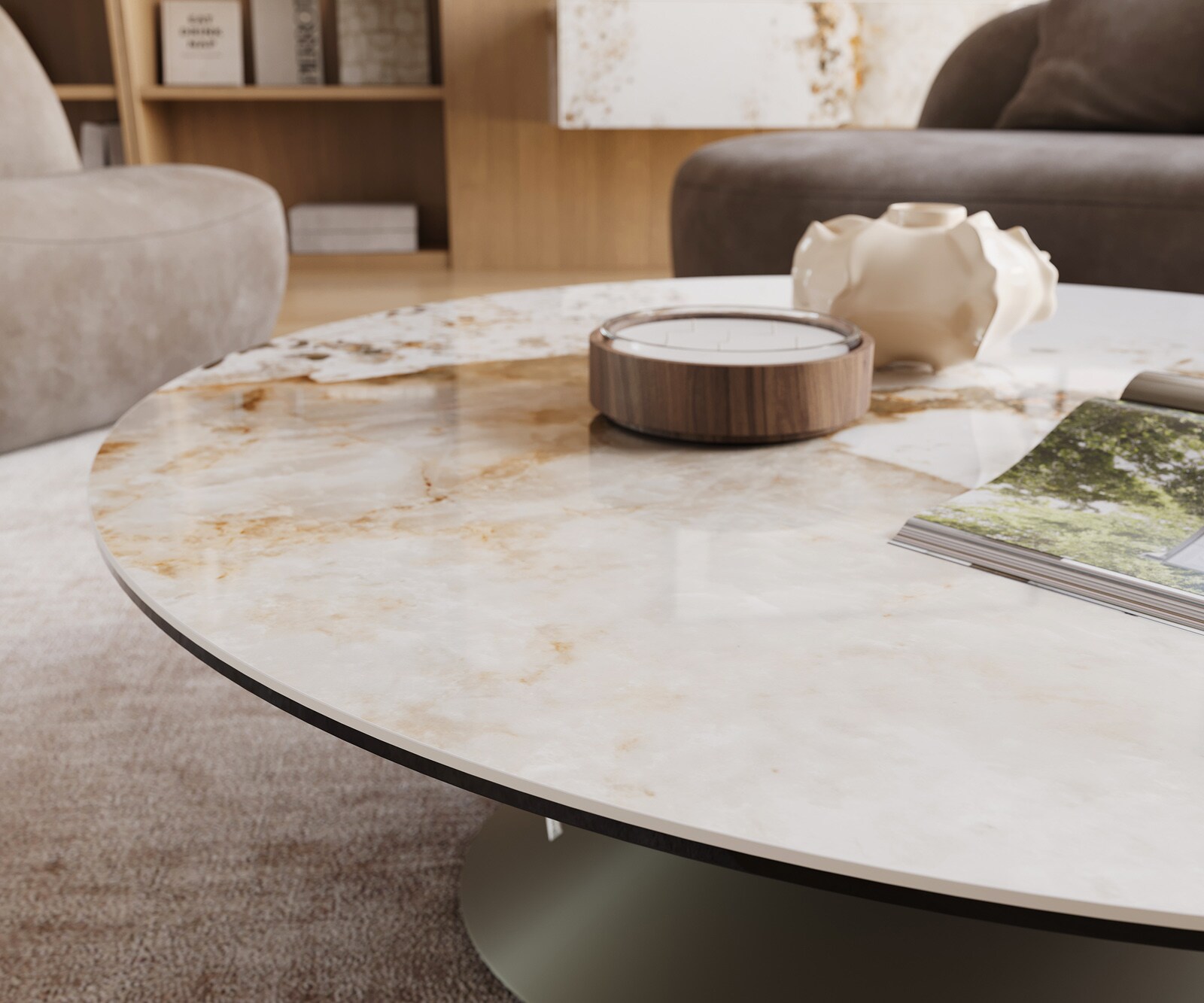 Couchtisch Edge Rund 100x100 cm Keramik Minas Melange Conis Metall Effektfinish Titan 6