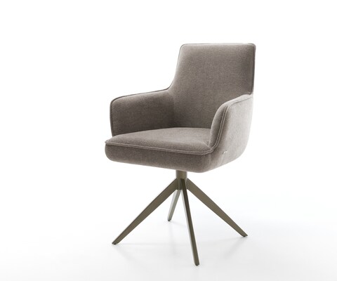 Chaise-pivotante Heira-Flex avec accoudoirs tissu structuré doux taupe pied croisé large aspect titane pivotement sur 360° fonction bascule ressorts ensachés