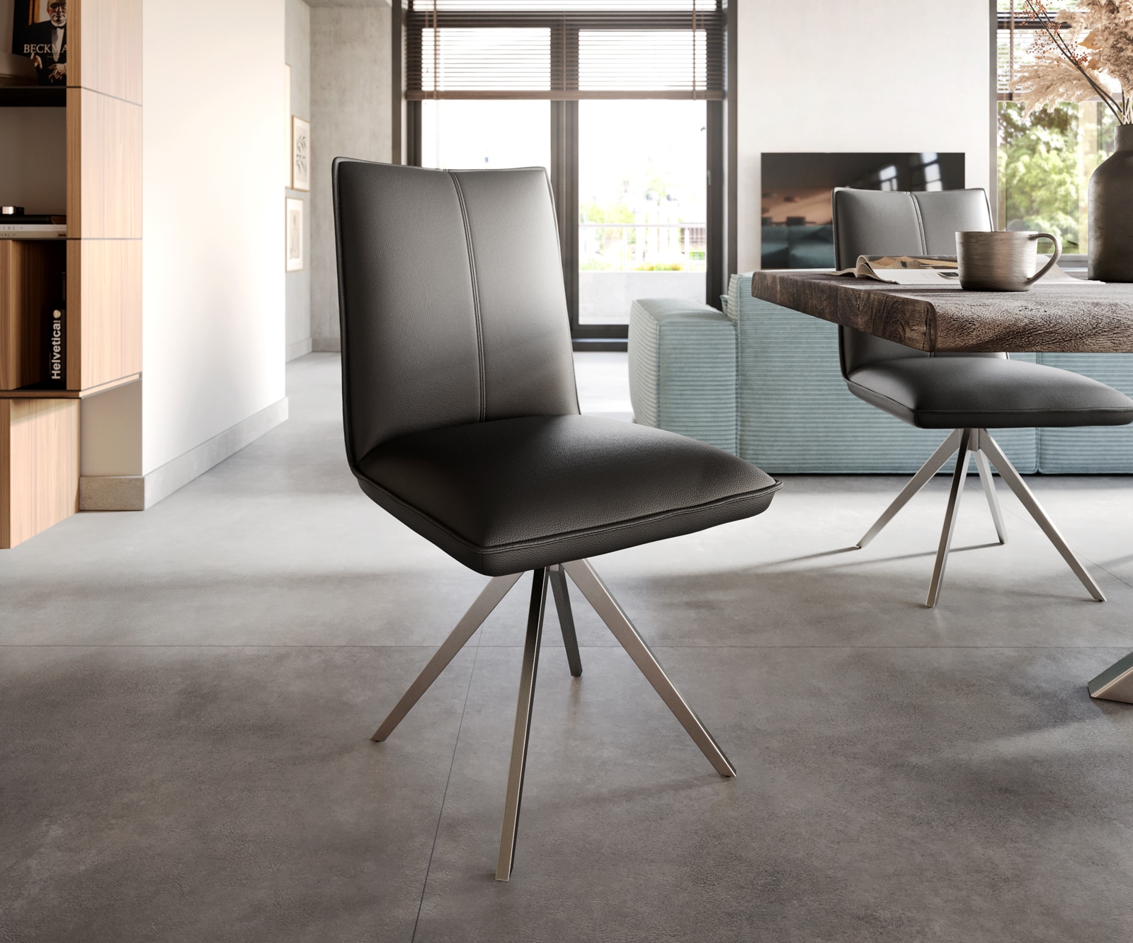 Drehstuhl Lelio-Flex Echt-Leder Schwarz Kreuzgestell breit Edelstahl 360° drehbar Taschenfederkern