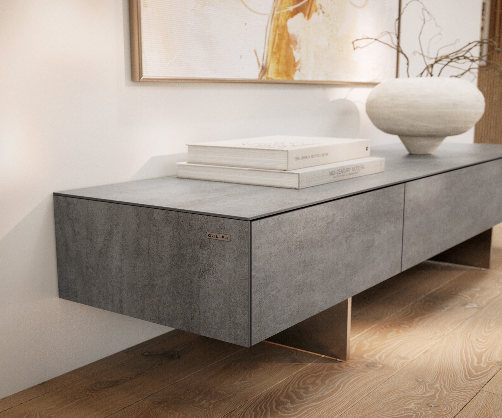 Meuble-TV Cuor 150 cm Céramique Béton gris 1 Clapet 1 Tiroir Pied optique flottant Ancier inoxydable 6
