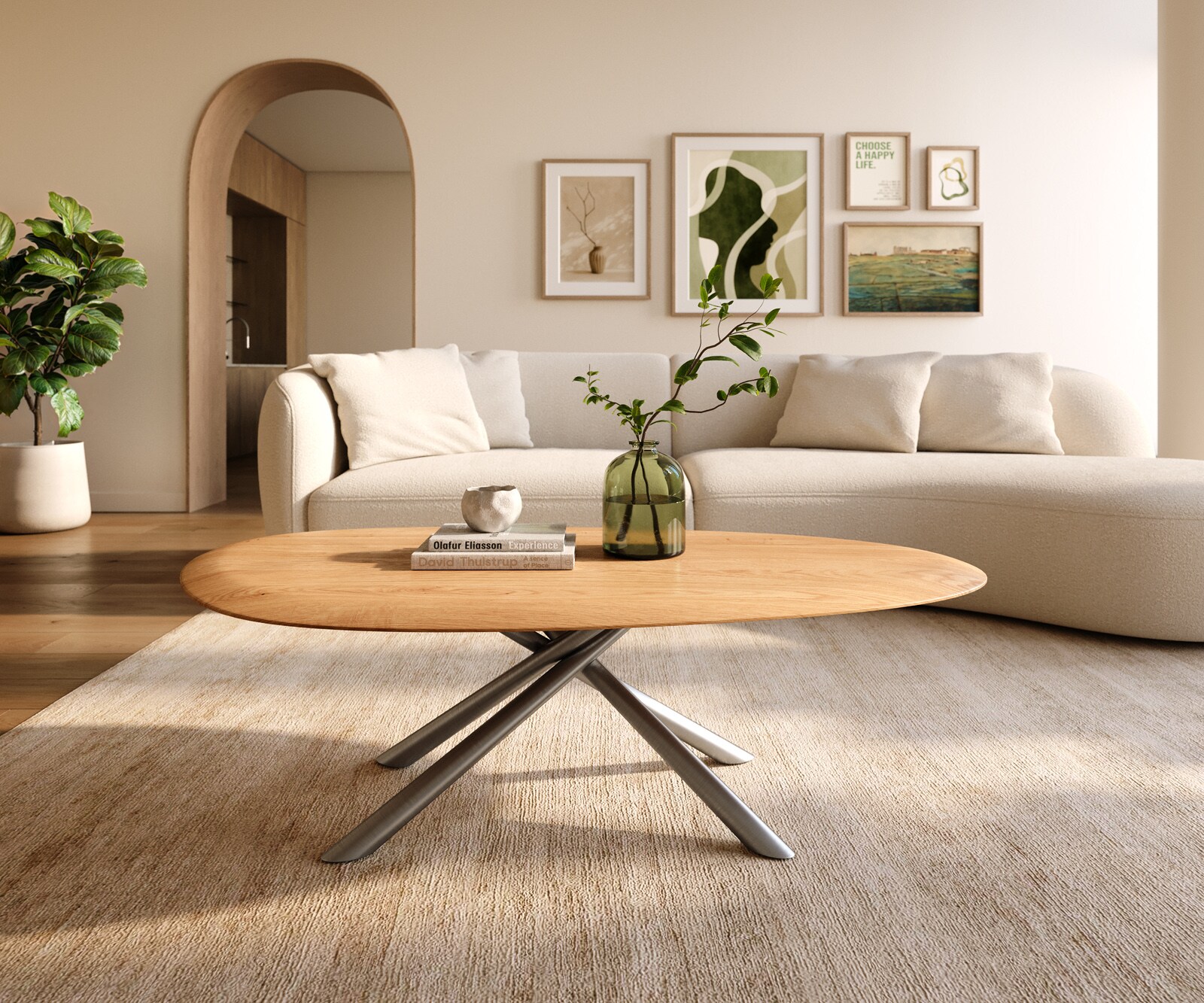 Table basse Edge Oval 140x75 cm chêne naturel bord arrondi Sarity acier inoxydable brossé 2