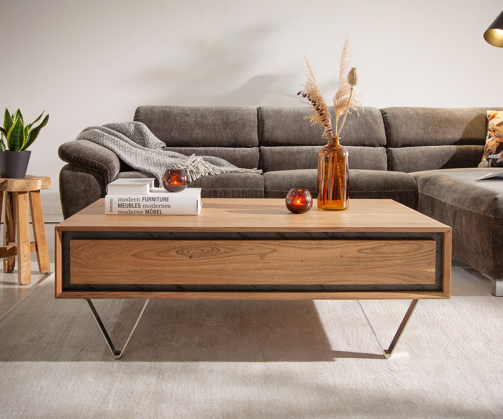 Table basse Stonegrace 115x60 acacia nature 1 tiroir placage en pierre pieds en V 1