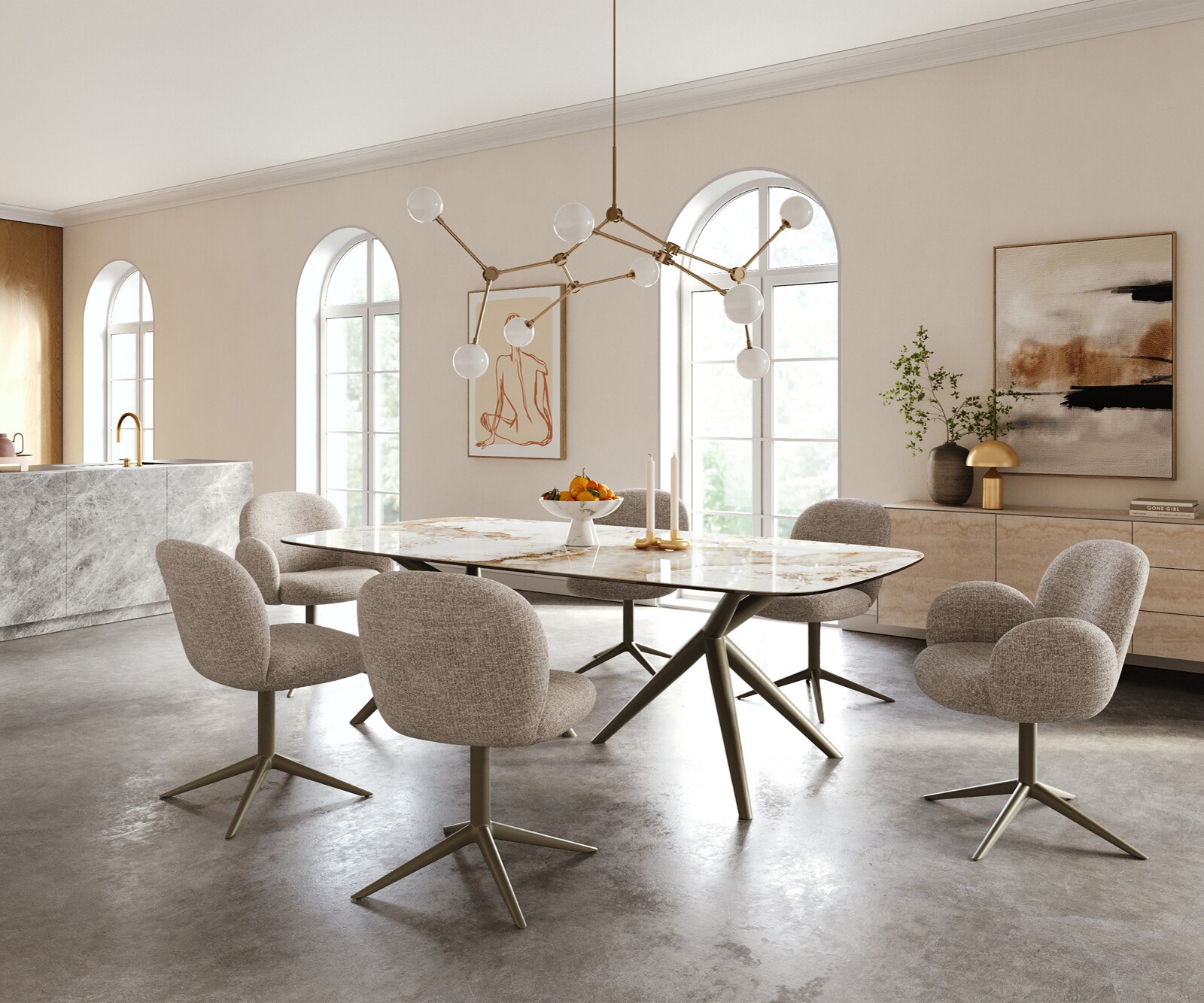 Table à manger Edge Boot 240x120 cm Céramique Minas Melange Blanc-Beige Estelar rond Métal Finition effet Titan 5