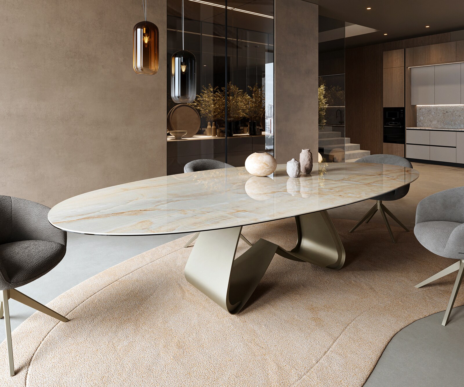 Table à manger Edge Oval 315x150 cm Céramique Iris FMG Onice Oro piètement en W Métal Finition effet Titan