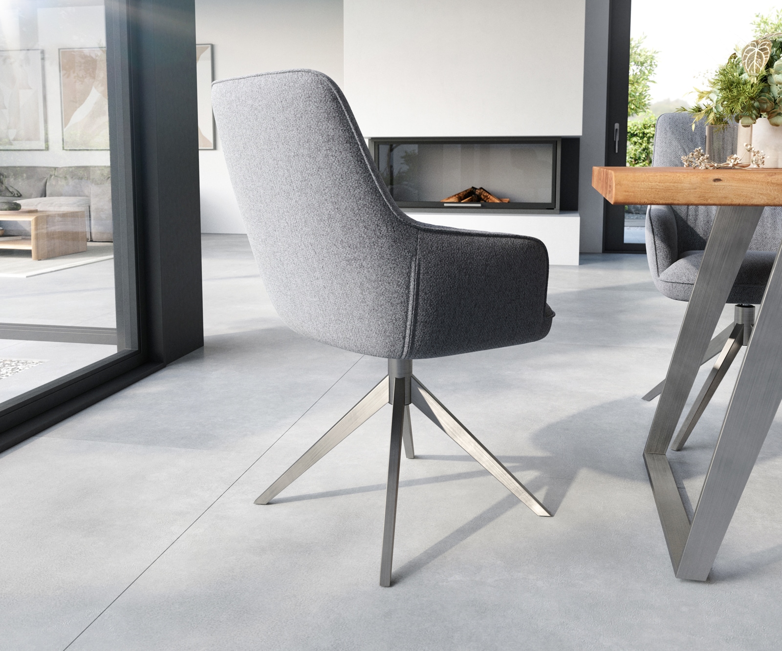 Esszimmerstuhl Zelia-Flex mit Armlehnen Strukturstoff Hellgrau Kreuzgestell breit Edelstahl Taschenfederkern 4 Esszimmerstuhl Zelia-Flex mit Armlehnen Strukturstoff Hellgrau Kreuzgestell breit Edelstahl Taschenfederkern 4