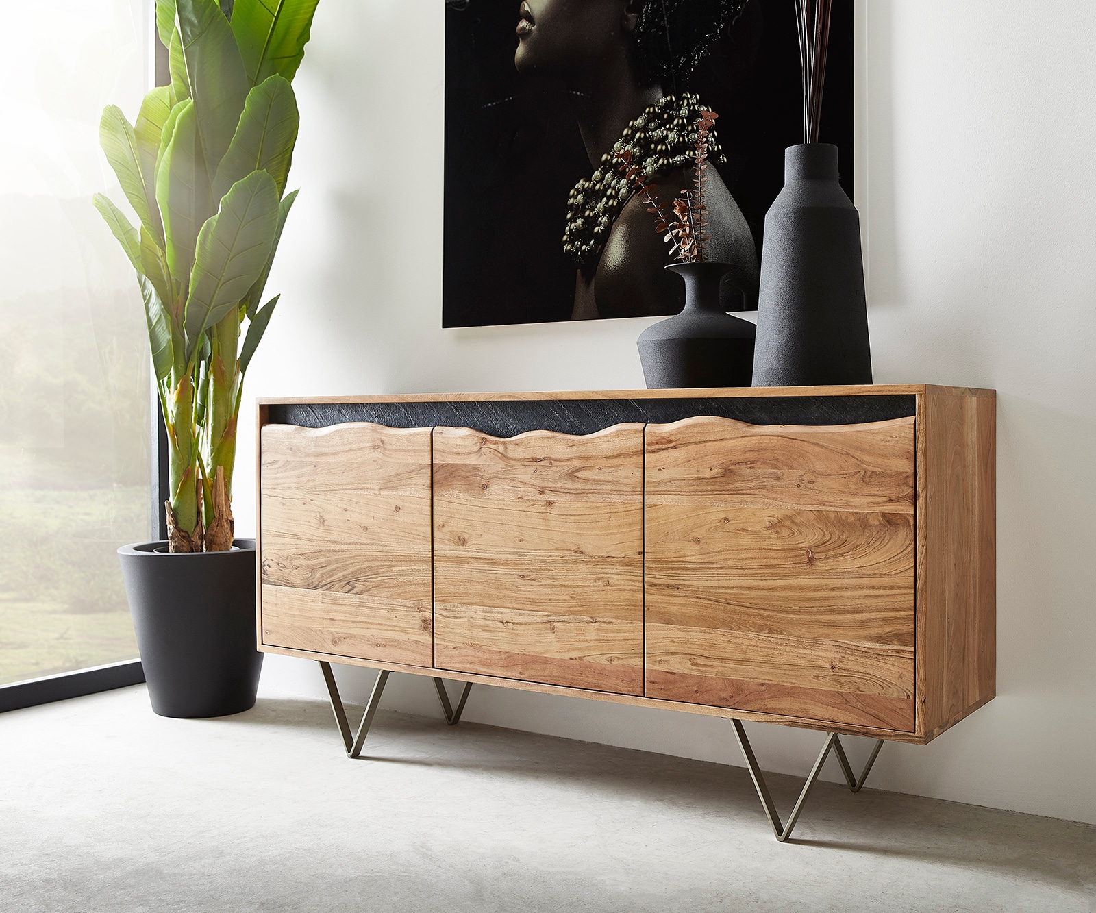 Sideboard Stonegrace 147x45 cm Akazie Natur 3 Türen Baumkante Sideboard Stonegrace 147x45 cm Akazie Natur 3 Türen Baumkante