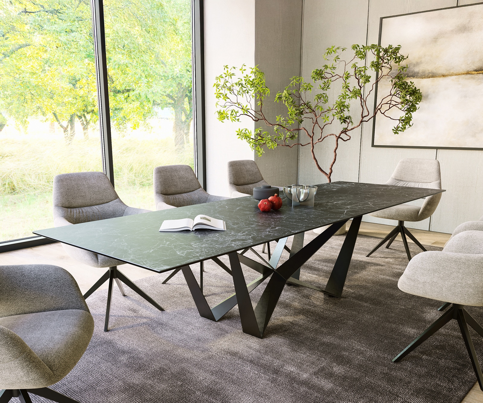 Table-à-manger Edge 300x100cm Laminam® céramique gris pieds milieu acier plat noir Table-à-manger Edge 300x100cm Laminam® céramique gris pieds milieu acier plat noir