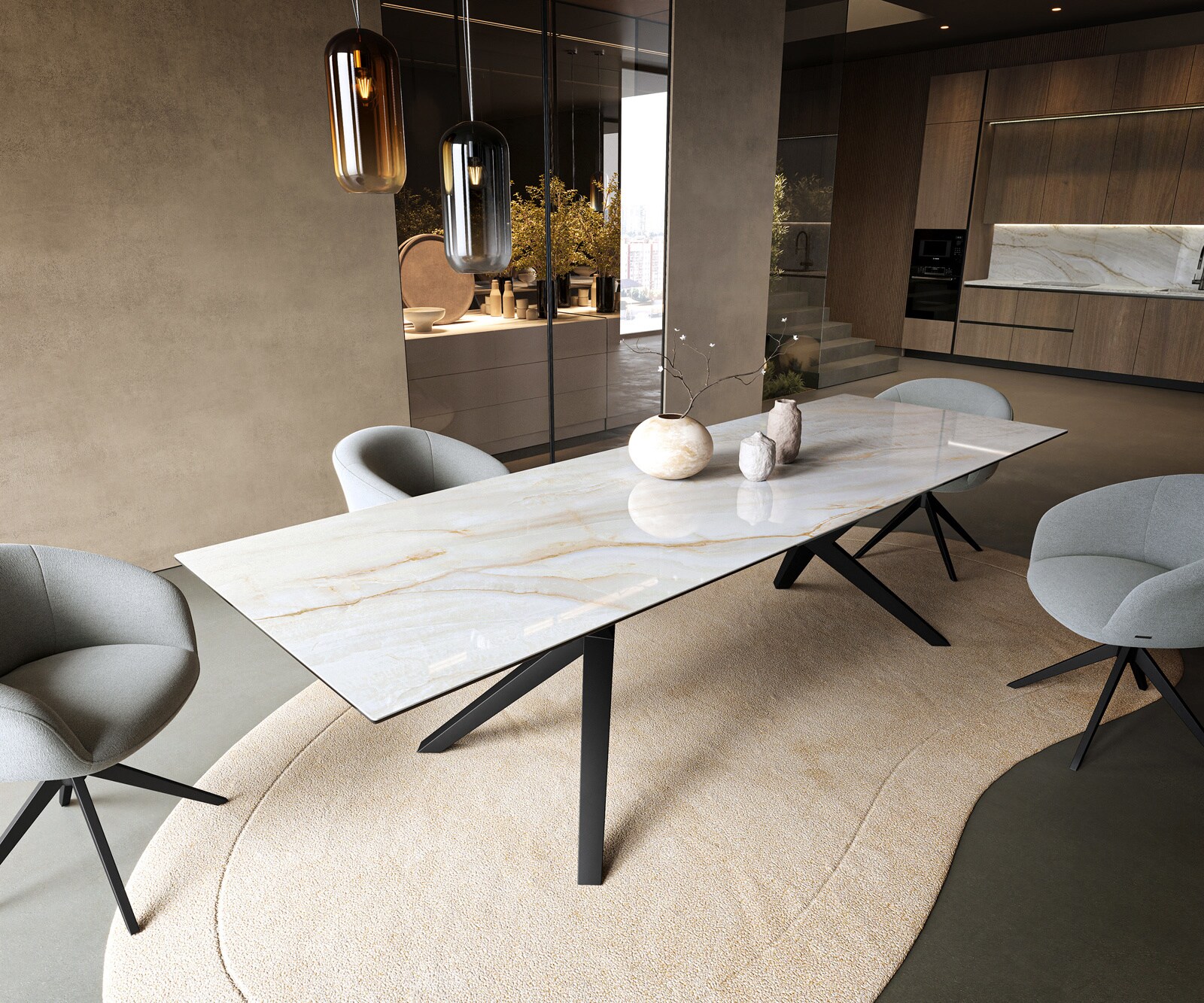 Table à manger Edge 300x100 cm céramique Onyx Pearl Zenthara angulaire métal noir