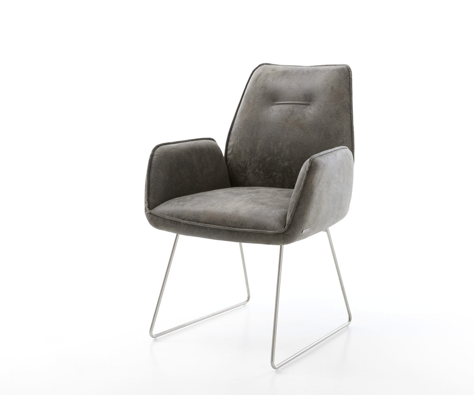 Chaise-de-salle-à-manger Zoa-Flex microvelours gris antique pied trapèze acier inoxydable brossé ressorts ensachés