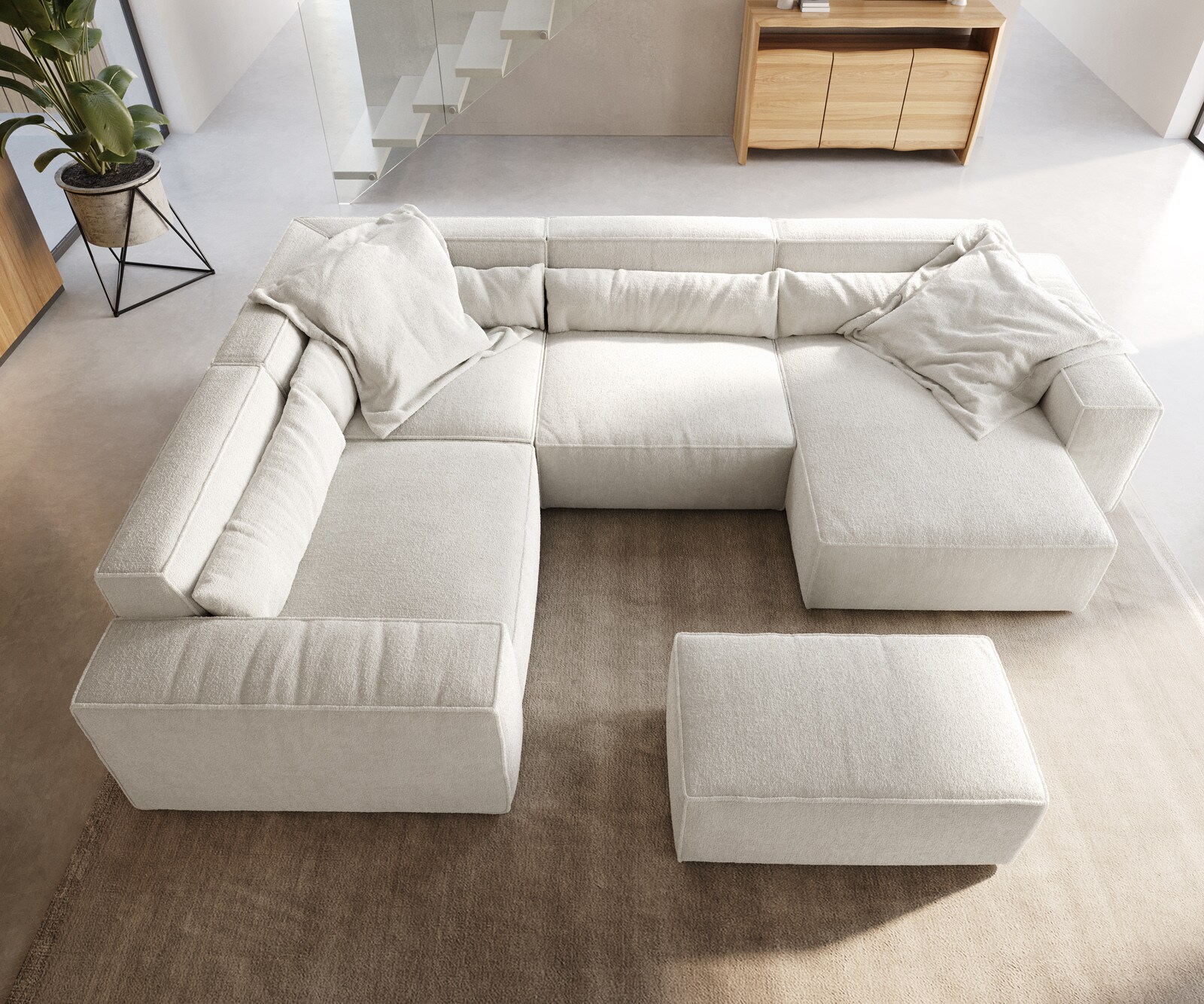 Wohnlandschaft Sirpio 300x200 cm Bouclé Creme-Weiß Recamiere variabel mit Hocker 6