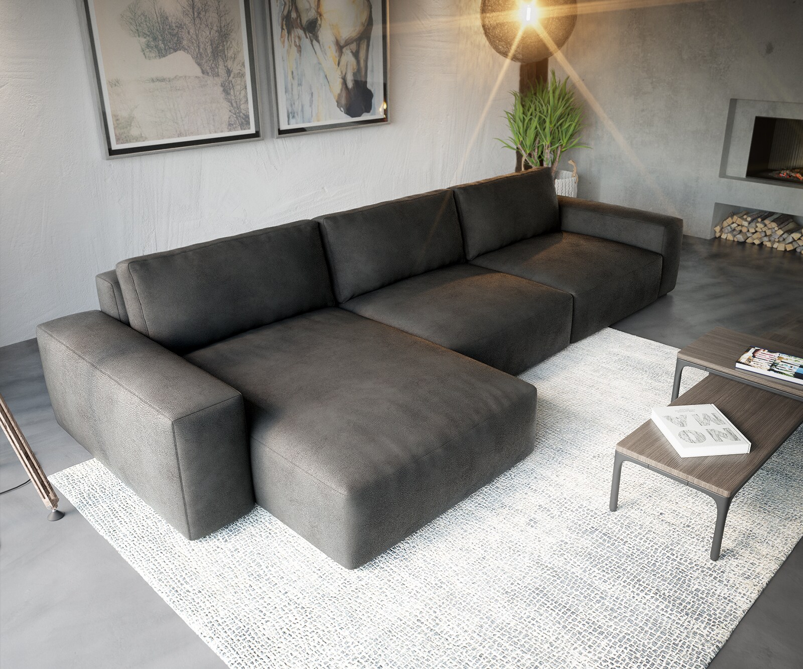 Ecksofa Lanzo XL 380x180 cm Lederimitat Vintage Anthrazit Recamiere variabel 3 Ecksofa Lanzo XL 380x180 cm Lederimitat Vintage Anthrazit Recamiere variabel 3