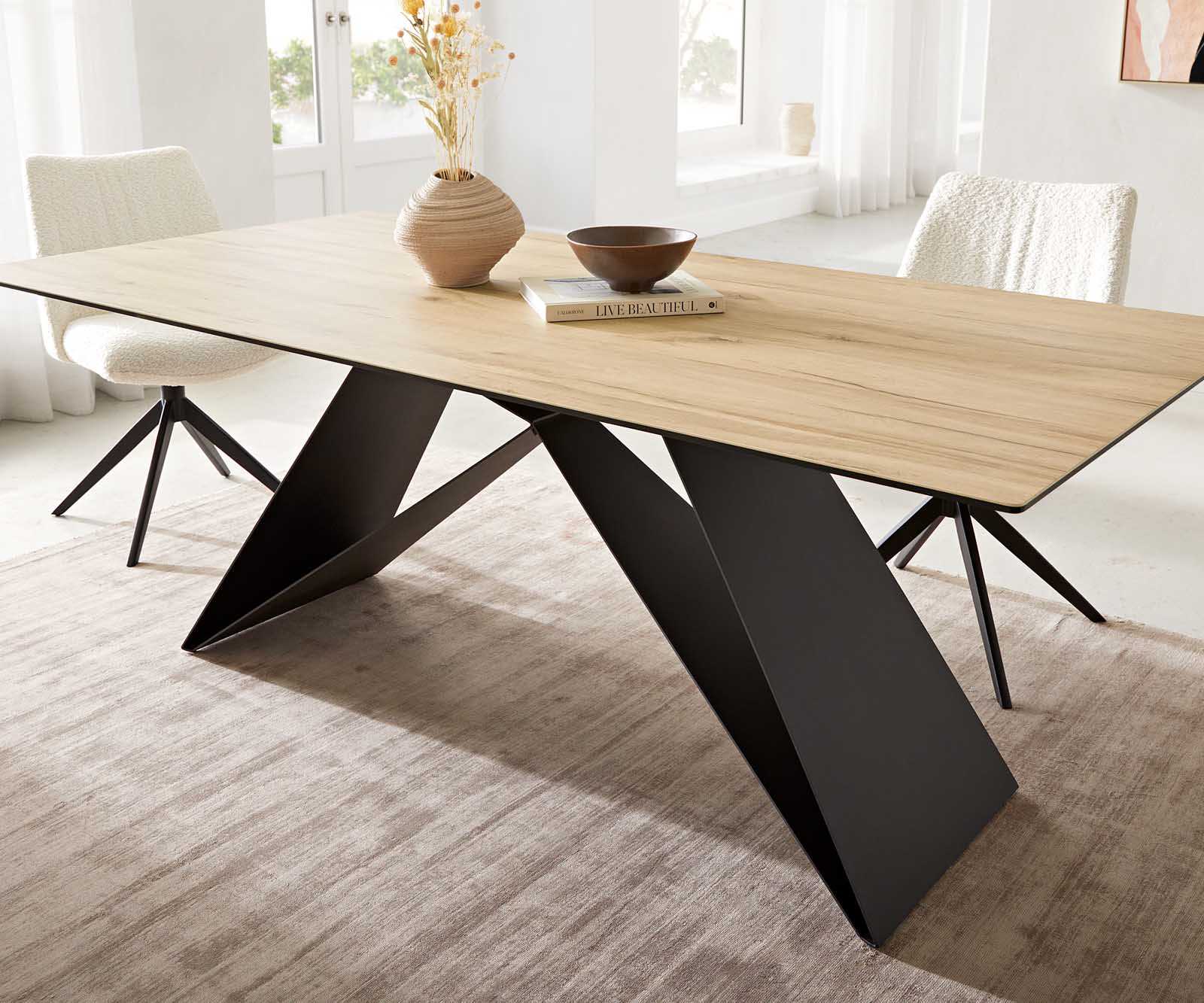 Esstisch Edge 200x100 Keramik Laminam® Sabbia Eichefarbig V-Gestell Flachstahl Schwarz 6