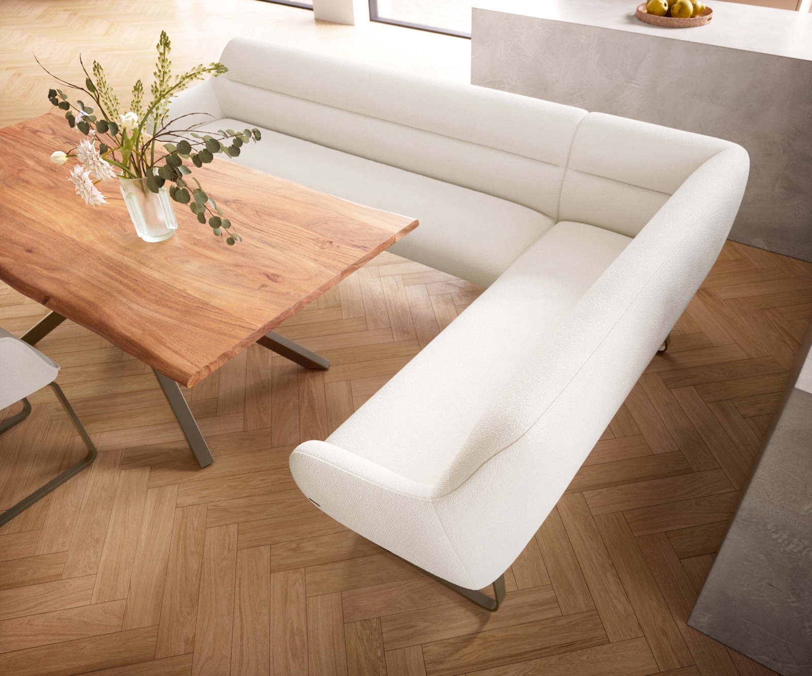 Banc-de-salle-à-manger Taya-Flex 285x190 cm bouclé crème-blanc châssis à patins plat titane ressort ensaché liens 4